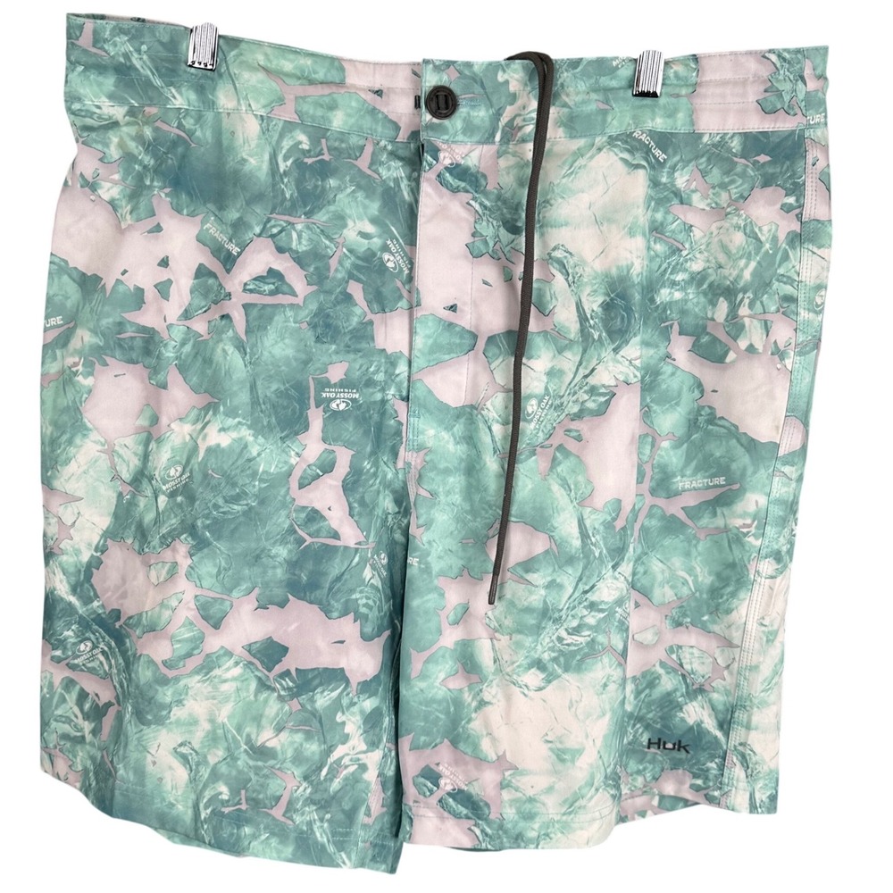 Huk Mossy Oak Fracture Fishing Board Shorts Mens 38 Teal Camo Trunks 9 Inseam